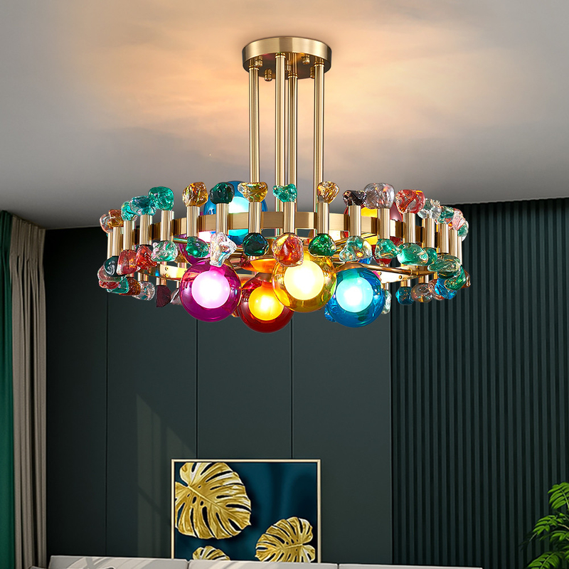 Chandelier lighting for dining room Home Decoration Gold Round Kitchen Fixture Colorful Stone Hanging Lamp(WH-CY-161)