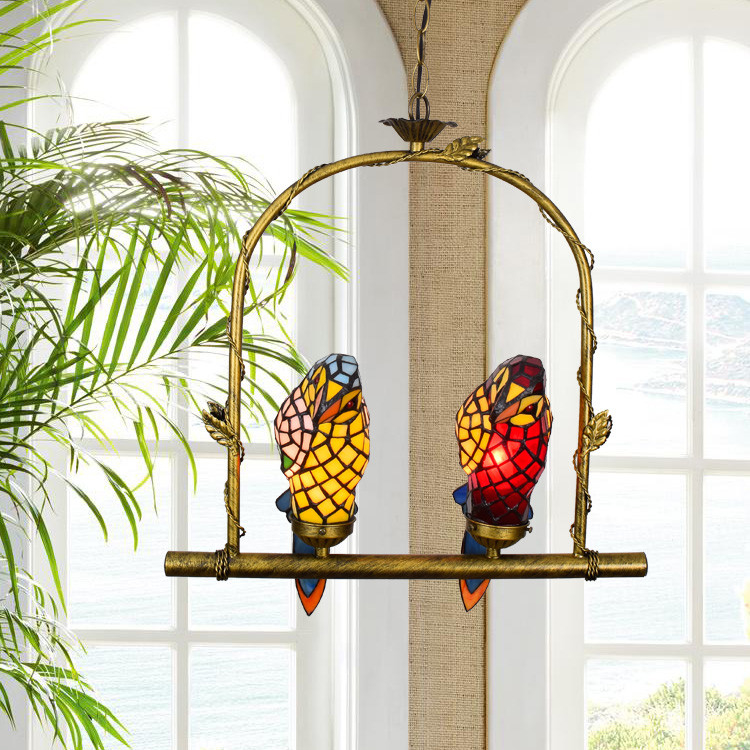 American country TIFFANY GLASS parrot chandelier living room dining room balcony lamp bird hallway light(WH-TF-57)
