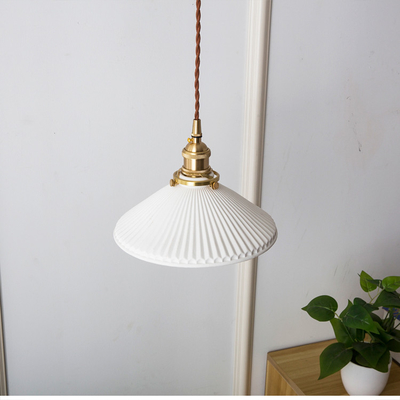 Nordic White Ceramic Brass Pendant Lights  Restaurant Bedroom Bedside Modern pleated light（WH-AP-426）