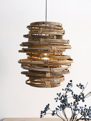 Vintage Spiral Rattan Pendant Lights Nordic Retro Bamboo Hanging Lamp(WH-WP-75)