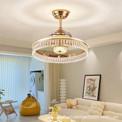 Retractable Blade Modern Folding Fan Light Remote Control Chandelier LED Invisible Ceiling Fan Crystal Light (WH-VLL-29)