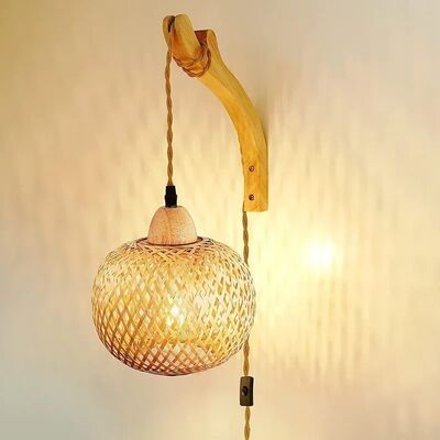 Natural Rattan Wicker Hand-Woven  Bamboo Lantern Wall Lamp with plug  (WH-VR-136)