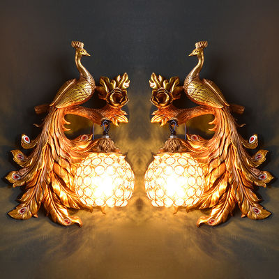 Vintage Creative Art Deco Peacock Resin Wall Lamp Gold Vanity Luxury Bedroom Wall Light（WH-VR-62）