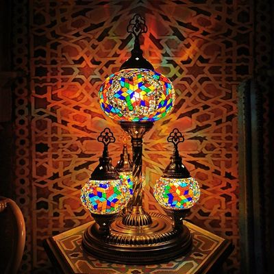 Turkish Restaurant Glass Table Lamp With Brozne Metal Base Colorful Handmade Desktop Lamp(WH-VTB-20)