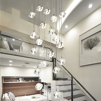 LED square pendant lights hotel villa large spiral staircase chrome Diamond Chandelier(WH-NC-57)