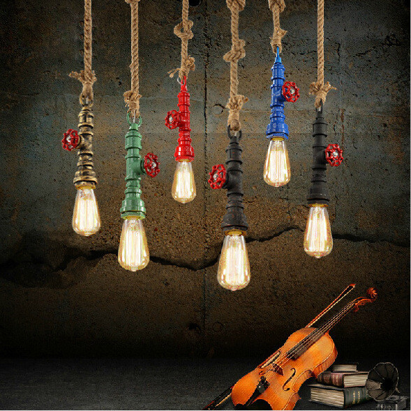 American Vintage Water Pipe Pendant Light Fixture Retro Hemp Rope Industrial Hanging Lamp (WH-VP-195)