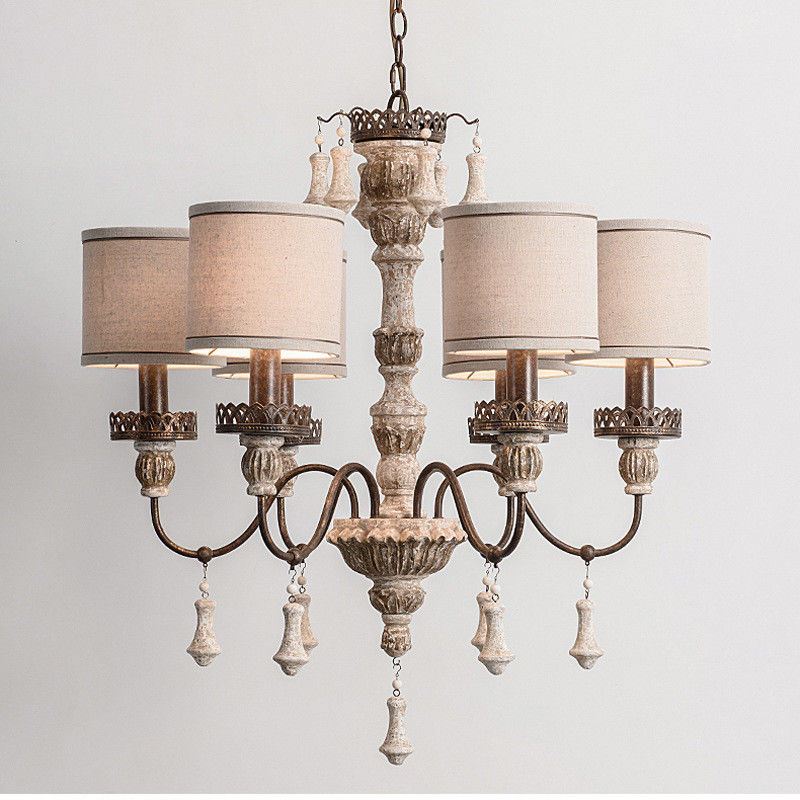 Wood and nickel chandelier with Lampshade for indoor home lighting (WH-CI-56)
