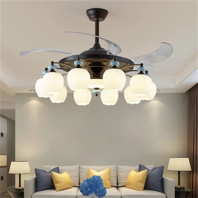 Luxury Ceiling Fan Light Remote LED Electric Fan Light with glass lampshade metal Stealth Fan Light (WH-VLL-28)