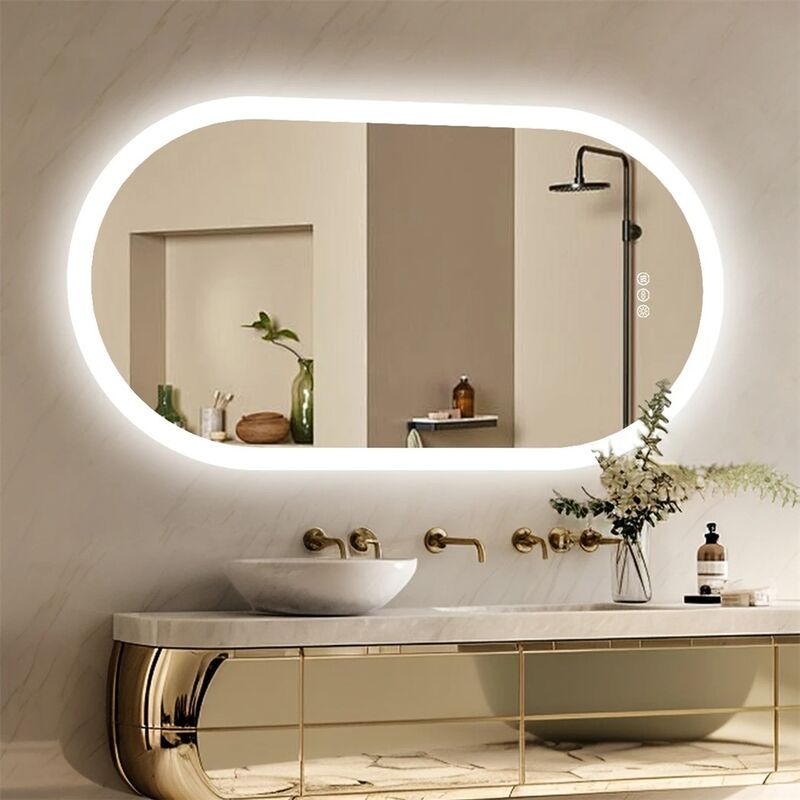 Dimmable 3 Colors Anti-Fog Light Memory IP65 CRI95 Large Wall Mounted Oval Mirror with lamp(WH-MR-102)
