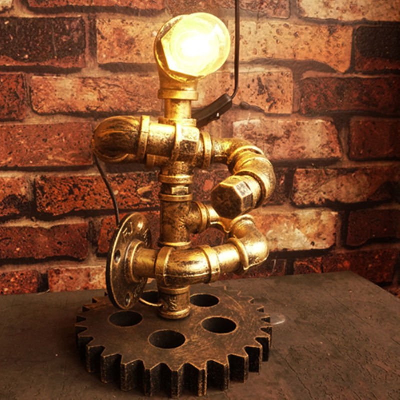 Iron gear steam punk Loft table lights wood lights robot retro vintage bedroom table lamp(WH-VTB-32)