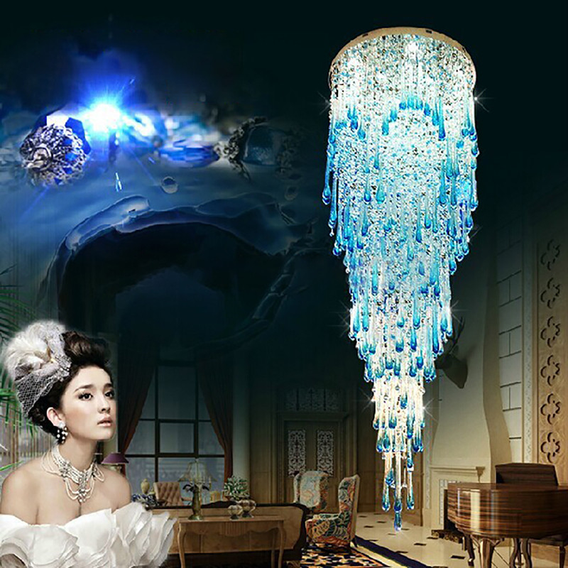 Modern Crystal Ceiling Chandelier For Living Room Lobby Luxury Long Staircase Blue Chandelier(WH-NC-99)