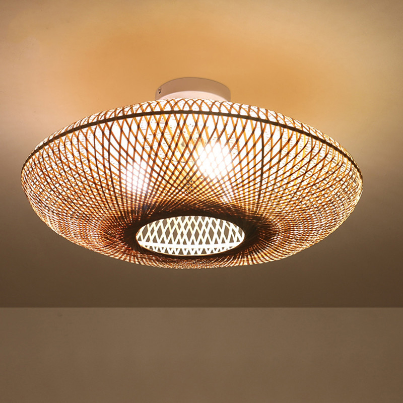 Round Bamboo Wicker Rattan Semi Flush Mount Ceiling Light(WH-WA-36)