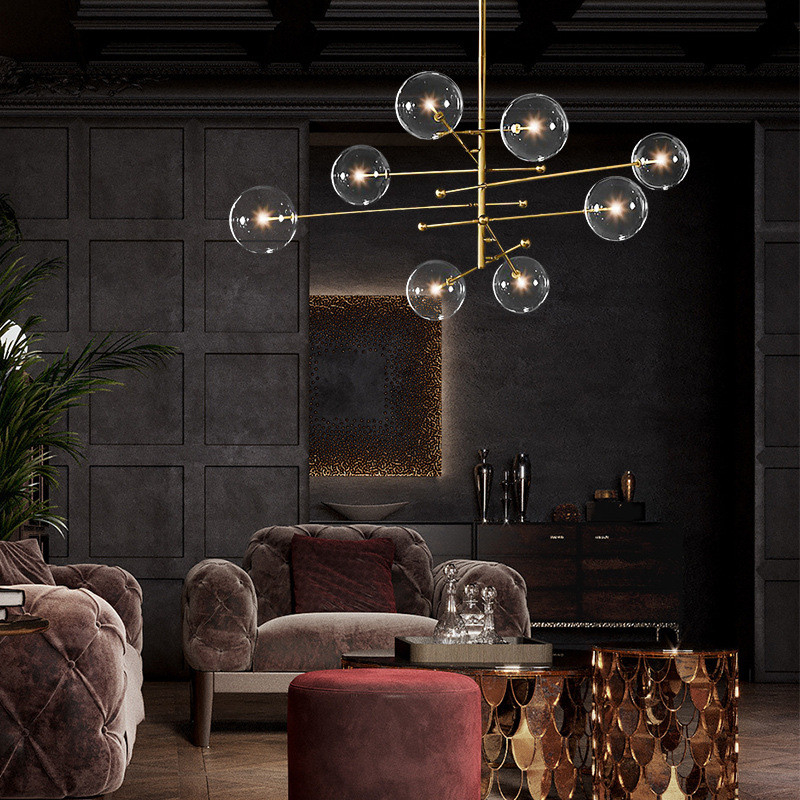 Postmodern LED Chandelier Living Room Black Gold Hanging Light Fixture Nordic Glass ball Pendant Lamp(WH-GP-34)