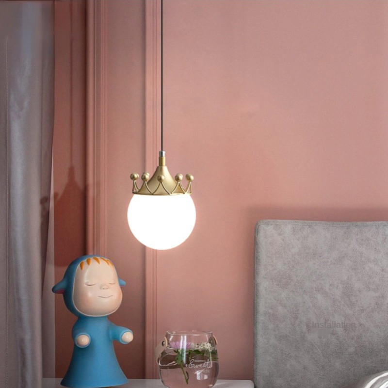 Glass Ball Creative Pendant Light Lighting for Bedroom Bedside Study Hanging Lamps pink crown light(WH-GP-70)